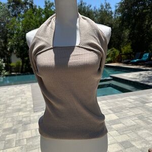 Elegant Beige Rib Knit Halter Top